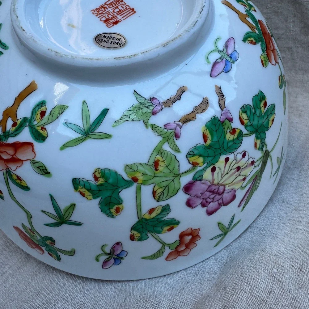 Vintage 70s Hong Kong Porcelain Bowl 60s Famille Rose Grasshopper Floral 9in